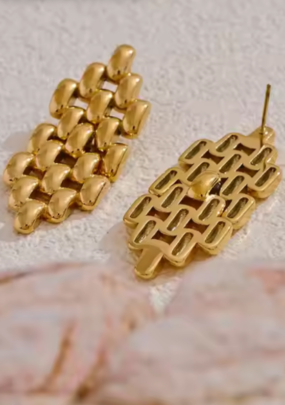 Cascade Earring – Bold gold-plated chain design with fluid movement, 2" long, tarnish-resistant, swim-safe, perfect for a glowing look.