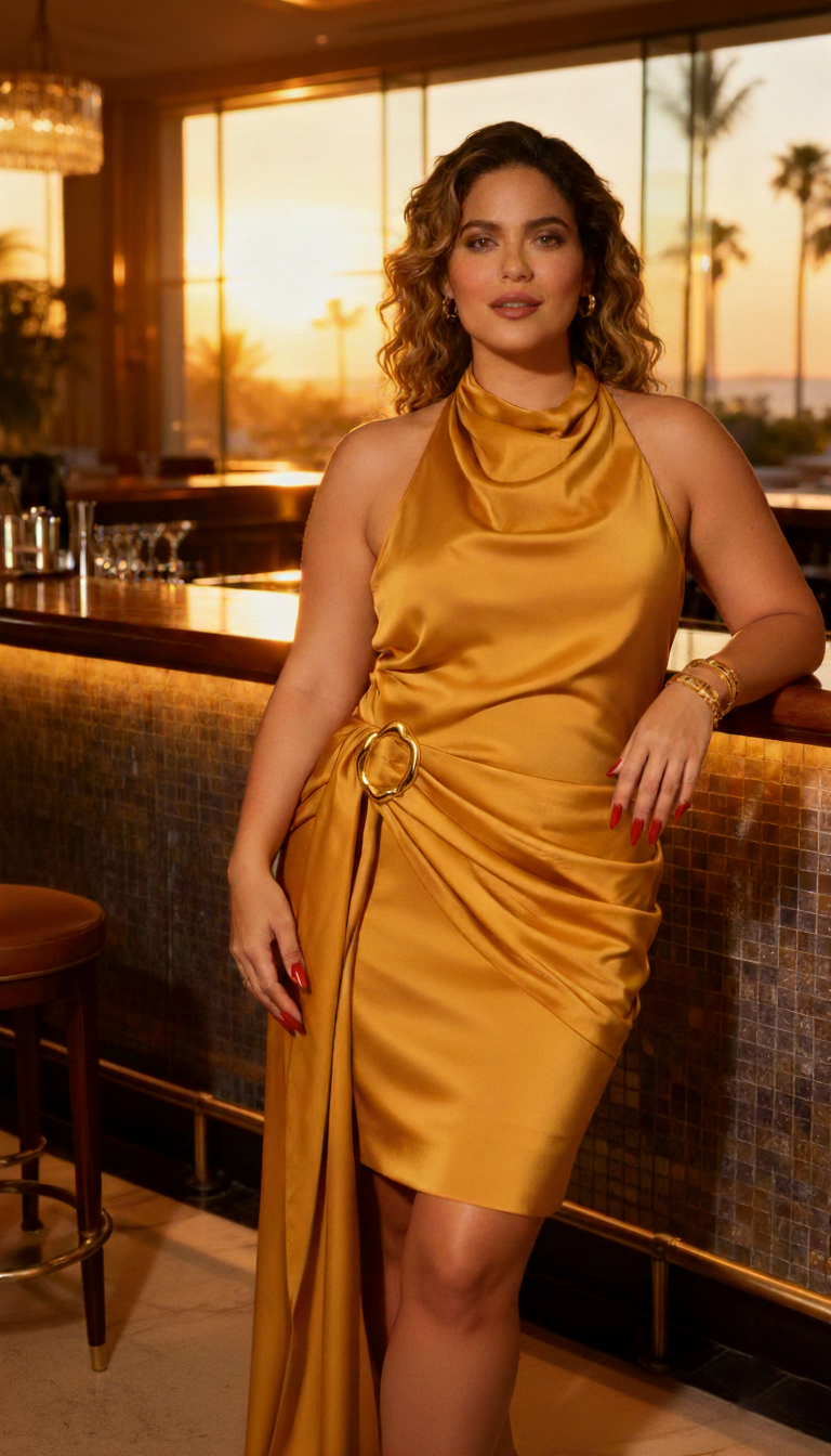 The Fête Dress in Papaya gold – sun-kissed, radiant, elegant tropical resort wear vacation birthday dress.