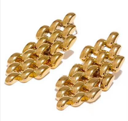 Cascade Earring – Bold gold-plated chain design with fluid movement, 2" long, tarnish-resistant, swim-safe, perfect for a glowing look.