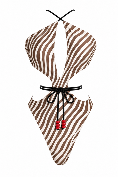 SERENGETI - BROWN ZEBRA MONOKINI ONE-PIECE SWIMSUIT