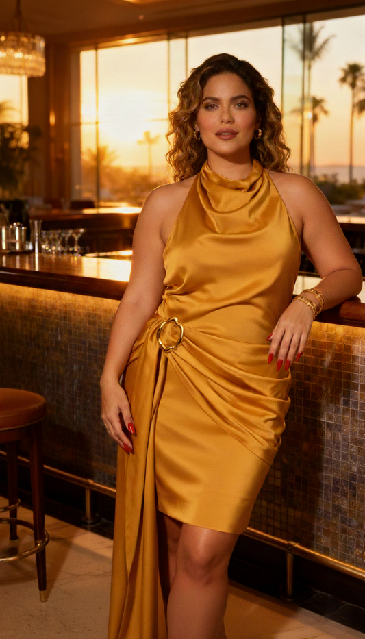 The Fête Dress in Papaya gold – sun-kissed, radiant, elegant tropical resort wear vacation birthday dress.