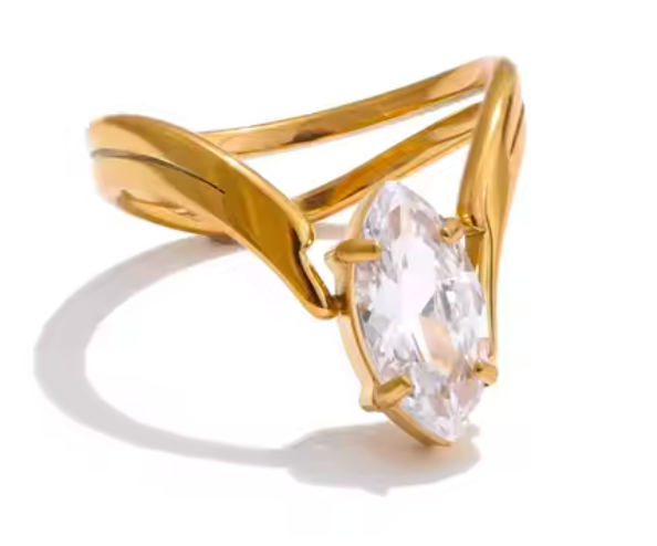Gold-plated marquise-cut halo ring with split band design, from RESORT 444 jewelry collection.